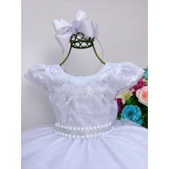 Vestido Infantil Branco C/ Cinto Pérolas Strass Luxo