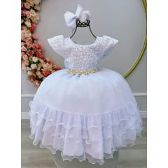 Vestido Infantil Branco C/ Renda e Cinto de Pérolas Festas