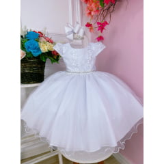 Vestido Infantil Branco Com Cinto de Pérolas Strass Luxo