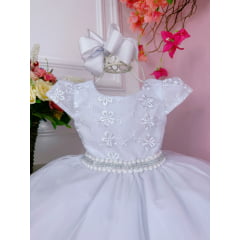 Vestido Infantil Branco Com Cinto de Pérolas Strass Luxo