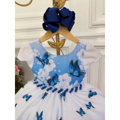 Vestido Infantil Branco e Azul Jardim das Borboletas Luxo