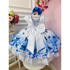 Vestido Infantil Branco e Azul Jardim das Borboletas Luxo