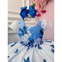 Vestido Infantil Branco e Azul Jardim das Borboletas Luxo