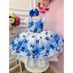 Vestido Infantil Branco e Azul Jardim das Borboletas Luxo