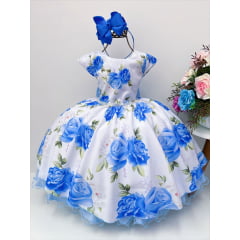 Vestido Infantil Branco Flores Azul Pérolas e Strass Luxo