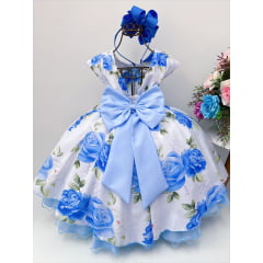 Vestido Infantil Branco Flores Azul Pérolas e Strass Luxo
