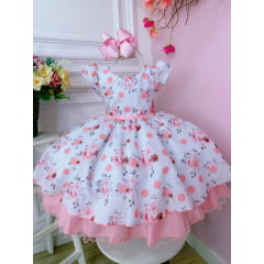 Vestido Infantil Branco Florido C/ Bolinhas Cinto de Pérolas