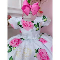 Vestido Infantil Branco Florido de Rosas C/ Pérolas Festas