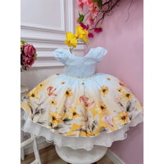 Vestido Infantil Branco Florido Peito Nervura Strass Pérolas