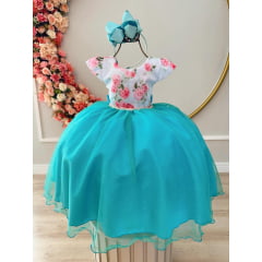 Vestido Infantil Branco Florido Saia Verde Busto C/ Strass