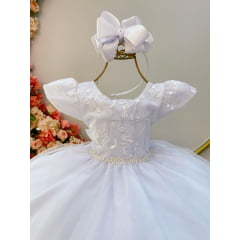 Vestido Infantil Branco Glitter C/ Renda e Cinto de Pérolas