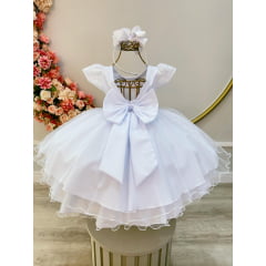 Vestido Infantil Branco Glitter C/ Renda e Cinto de Pérolas