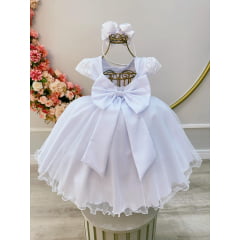 Vestido Infantil Branco Luxo C/ Busto e Cinto de Strass