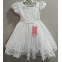 Vestido Infantil Branco Luxo C/ Renda e Aplique de Flores