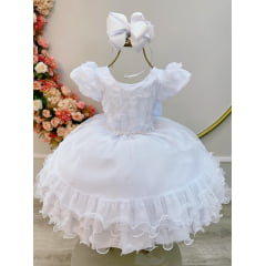 Vestido Infantil Branco Luxo C/ Renda e Aplique de Flores