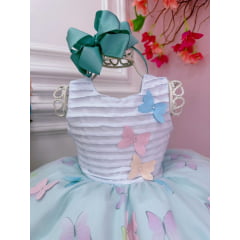 Vestido Infantil Branco Peito Plissado Saia Azul Borboletas