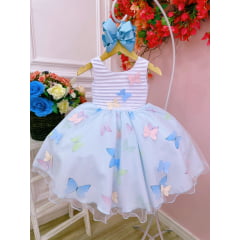 Vestido Infantil Branco Peito Plissado Saia Azul Borboletas