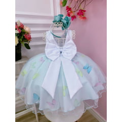 Vestido Infantil Branco Peito Plissado Saia Azul Borboletas