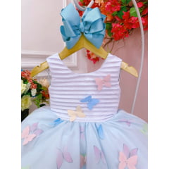 Vestido Infantil Branco Peito Plissado Saia Azul Borboletas