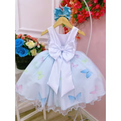 Vestido Infantil Branco Peito Plissado Saia Azul Borboletas