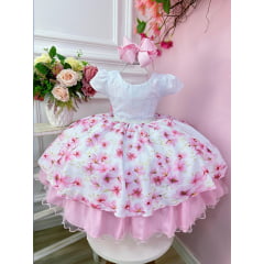 Vestido Infantil Branco Saia Florida Peito Strass C/ Pérolas