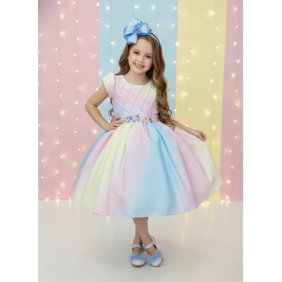 Vestido Infantil Chuva de Amor Colorido Circo Cinto Pérolas