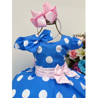 Vestido Infantil Galinha Azul Bolinhas Tule Rosa Laço