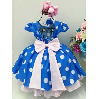 Vestido Infantil Galinha Azul Bolinhas Tule Rosa Laço