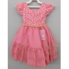 Vestido Infantil Goiaba C/ Renda e Cinto de Pérolas Festas