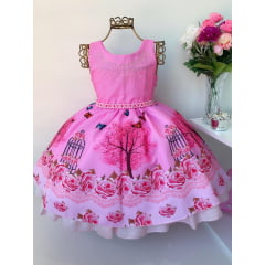 Vestido Infantil Jardim das Borboletas Rosa Luxo Festas
