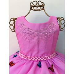 Vestido Infantil Jardim das Borboletas Rosa Luxo Festas
