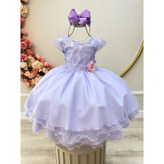 Vestido Infantil Lilás C/ Renda e Aplique de Flor Luxo