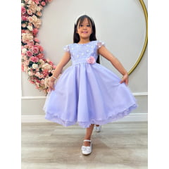 Vestido Infantil Lilás C/ Renda e Aplique de Flor Luxo