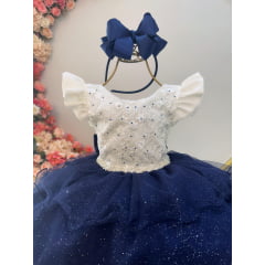 Vestido Infantil Off White C/ Renda e Glitter Strass Daminha