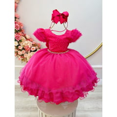 Vestido Infantil Pink C/ Busto Strass Saia Babados Glitter