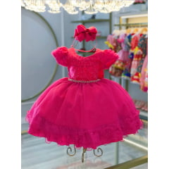 Vestido Infantil Pink C/ Busto Strass Saia Babados Glitter