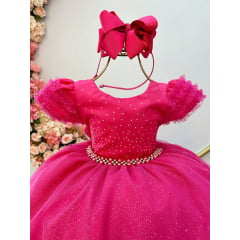 Vestido Infantil Pink C/ Busto Strass Saia Babados Glitter