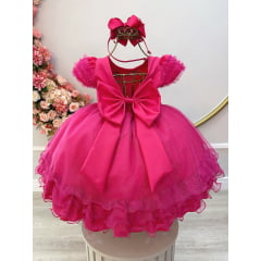 Vestido Infantil Pink C/ Busto Strass Saia Babados Glitter