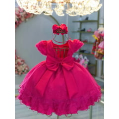 Vestido Infantil Pink C/ Busto Strass Saia Babados Glitter