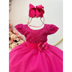 Vestido Infantil Pink C/ Renda e Aplique de Laço Luxo