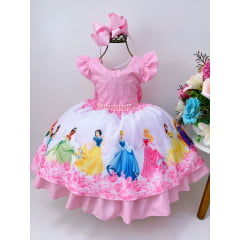 Vestido Infantil Princesas Rosa Floral Luxo