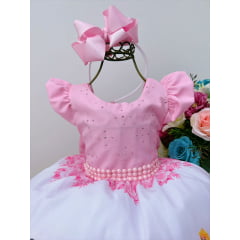 Vestido Infantil Princesas Rosa Floral Luxo