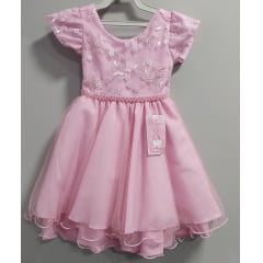 Vestido Infantil Rosa Bebê C/ Renda e C/ Pérolas Festas