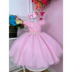 Vestido Infantil Rosa C/ Cinto de Pérolas Strass Luxo