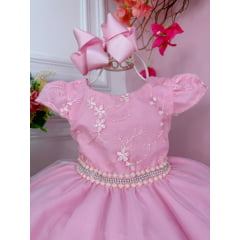 Vestido Infantil Rosa C/ Cinto de Pérolas Strass Luxo