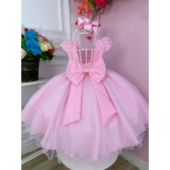 Vestido Infantil Rosa C/ Cinto de Pérolas Strass Luxo