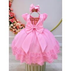 Vestido Infantil Rosa C/ Renda e Aplique de Flores Luxo