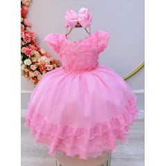 Vestido Infantil Rosa C/ Renda e Aplique de Flores Luxo