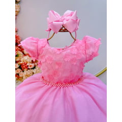 Vestido Infantil Rosa C/ Renda e Aplique de Flores Luxo