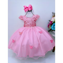 Vestido Infantil Rosa C/ Renda e Borboletas e Pérolas Luxo